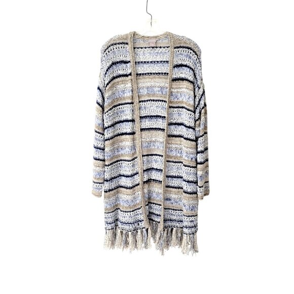 Chico's Open Front Striped Knit Cardigan With Fringe Hem Chico's 2, Women's Larg - Picture 1 of 5
